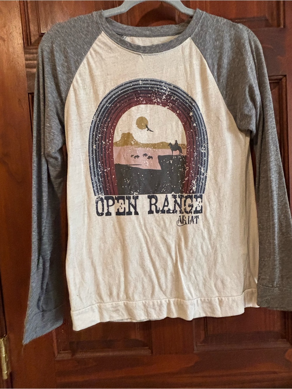 Ariat Womens Long Sleeve Raglan Tee in Cream and Gray with Open Range Graphic